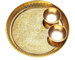 Decoratieve Plaat - Dienblad Set - Religieuze Gebruiken - Massief Messing - 7 Inch - Goudkleurig