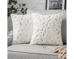 Decoratieve Pluche Kussenhoezen – 2 Stuks Wit 45x45 cm met Luxe Goud Verenmotief | Voor Woonkamer & Slaapkamer