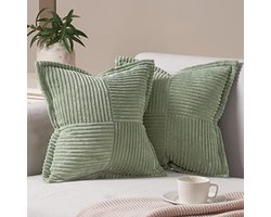 Decoratieve pluizige kussenhoezen 40x40 cm met onzichtbare rits - set van 2 stuks - saliegroen fluweel voor woonkamer, slaapkamer en bank