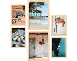 Decoratieve Posters - Muurdecoratie Set - Woonkamer Decoreren - Licht Houten Lijsten - A4 en A3 - Ibiza Stijl