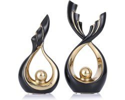 Decoratieve Sculpturen Set - Moderne Kunst - Woondecoratie - 2 Stuks - Wit en Goud - Keramisch