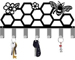 Decoratieve sleutelhouder voor aan de muur met 7 haken - bijenkorf- en bijendesign - zwart metaal