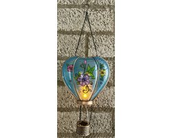 Decoratieve solarlamp hart met luchtballon " met flame LED " - Bloemen + Vogel print- kunststof - hangend model - hoogte 46 x 16 x 9.5 cm - Tuindecoratie - Tuinverlichting