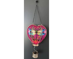 Decoratieve solarlamp hart met luchtballon " met flame LED " - Libelle print paars - kunststof - hangend model - hoogte 46 x 16 x 9.5 cm - Tuindecoratie - Tuinverlichting