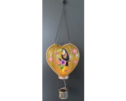 Decoratieve solarlamp hart met luchtballon " met flame LED " - Toekan print geel - kunststof - hangend model - hoogte 46 x 16 x 9.5 cm - Tuindecoratie - Tuinverlichting