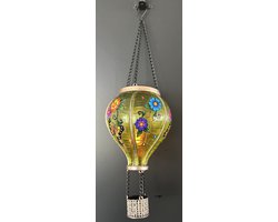 Decoratieve solarlamp luchtballon " met flame LED " - bloemen + vlinder print groen - kunststof - hangend model - hoogte 37x dia 11 cm - Tuindecoratie - Tuinverlichting