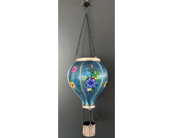 Decoratieve solarlamp luchtballon " met flame LED " - bloemen + vogel print blauw - kunststof - hangend model - hoogte 37x dia 11 cm - Tuindecoratie - Tuinverlichting