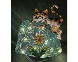 Decoratieve solarlamp "steen met dier" - blauw + kat - 10 LEDs - kunststof en metaal - staand model of op grondspies - hoogte 15 x 14 x 12.5 cm - Tuindecoratie - Tuinverlichting