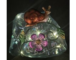 Decoratieve solarlamp "steen met dier" - blauw + slak - 10 LEDs - kunststof en metaal - staand model of op grondspies - hoogte 15 x 14 x 12.5 cm - Tuindecoratie - Tuinverlichting
