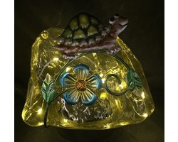 Decoratieve solarlamp "steen met dier" - geel + schildpad - 10 LEDs - kunststof en metaal - staand model of op grondspies - hoogte 15 x 14 x 12.5 cm - Tuindecoratie - Tuinverlichting