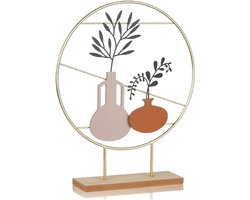 Decoratieve staander – decoratieve vaas met metalen ring op houten sokkel – Ø 28 cm – het hele jaar door – tafeldecoratie – decoratieve krans met voet – voor vensterbank – woonkamer – keuken