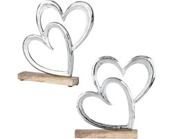 Decoratieve Staanders Hart - Set van Twee - Tafel Decoratie - Handgemaakt India - 20cm Hoog - Hout Zilver