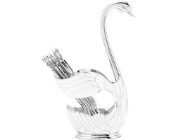 Decoratieve theezakjeshouder met schotel en lepelsteun, metalen bestekhouder voor koffie dessert, inclusief zwanenbasis en 6 lepels - servies in Zilverwit met fruitthee mengen. Ideale set voor roeren en decoratie.