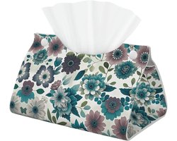 Decoratieve Tissue Box Cover met Bloemen in Teal en Grijs | Esthetische Lederen Tissue Box Houder voor Badkamer, Kantoor en Thuis Decoratie