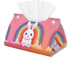 Decoratieve Tissue Box Cover met Konijn en Regenboog - Lederen Tissue Box Houder voor Badkamer, Kantoor en Thuis Decoratie, Esthetische Organizer voor Tafelblad en Nachtkastjes