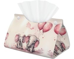 Decoratieve Tissue Box Cover met Olifant en Roze Ballonnen - Lederen Tissue Box Houder voor Badkamer, Kantoor en Thuis Decoratie, Esthetische Organizer Box