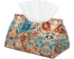 Decoratieve Tissue Box Cover met Oranje Bloemenpatroon voor Badkamer en Kantoor - Esthetische Lederen Tissue Houder en Organizer voor Tafelblad en Nachtkastjes