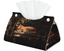 Decoratieve Tissue Box Cover voor Badkamer en Kantoor - Esthetische Lederen Houder met Oranje Kat Design, Grappige Opslag Organizer voor Tafelblad en Nachtkastjes