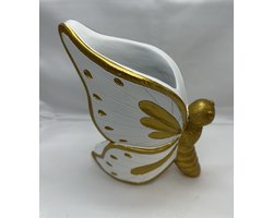 Decoratieve Vaas Vlinder - Wit + Goud + gouden stipjes -  hoogte 20x18x5cm - Polyresin - Woonaccessoires - Decoratieve vazen