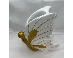 Decoratieve Vaas Vlinder - Wit + Goud + gouden strepen -  hoogte 20x18x5cm - Polyresin - Woonaccessoires - Decoratieve vazen