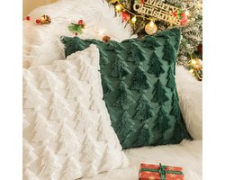 Decoratieve Vierkante Gooi Kussenhoezen - Luxe Kussenhoezen voor Woonkamer Sofa en Slaapkamer met Onzichtbare Ritssluiting 45 x 45 cm Wit en Donkergroen