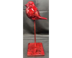 Decoratieve vogel op standaard - glanzend rood - metaal - hoogte 24 x 9 x 9 cm - Woonaccessoires - Decoratieve vogels