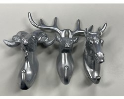 Decoratieve wandhaken "steenbok/rendier/paard" - Set van 3 stuks - zilver - polyresin - hoogte 13.5x9.5x7.5 cm - Woonaccessoires - Wanddecoratie