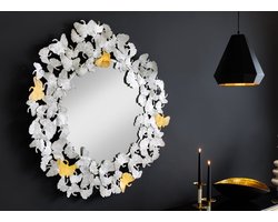 Decoratieve wandspiegel GINKGO LEAFS XL 90cm goud zilver rond handgemaakt metaal - 42778