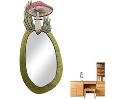 Decoratieve Wandspiegel - Houten Spiegel - Interieur Verfraaien - Botanisch Paddenstoelpatroon - ca. 22 x 11 cm - Multicolor