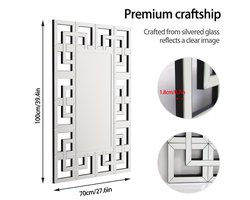 Decoratieve Wandspiegel – Muurspiegel – Kamer Spiegel – Landelijke Spiegel – Venster Spiegel – 100x70 cm – Bevelelde Rand – Zilveren Grecian Design