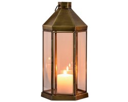 Decoratieve windlicht lantaarn 29 cm groot antiek metaal en glas voor tafeldecoratie