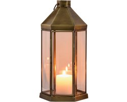Decoratieve windlicht lantaarn 29 cm groot antiek metaal en glas voor tafeldecoratie