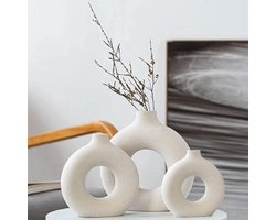 Decoratieve witte keramische donut vazen set van 3 - modern Scandinavische decoratie - boho beige vaas voor woonkamer - hal bruiloft vensterbank tafel feest woondecoratie met pampasgras raamdecoratie vensterbank
