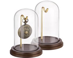 Decoratieve zakhorloge display koepel met houten voet - 2 stuks - Metalen haak - Glazen vitrine - Verzamelobjecten