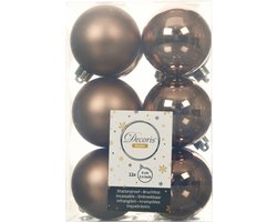 Decoris kerstballen - 12x st - walnoot bruin - D6 cm - kunststof - mat/glans - kerstversiering