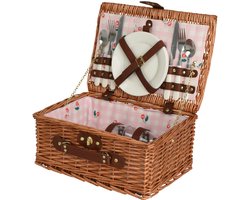 Decoris - Rieten Picknickmand 2 Personen - Compleet met Servies en Bestek - Roze Voering Kersenprint - 38x26x18cm