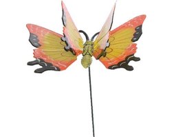 Decoris tuin deco vlinder op stok - geel - metaal - 12 x 70 cm - dieren decoraties - bewegend