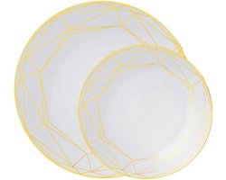 Decorline -32 Elegante Stabiele Herbruikbare Plastic Borden | Metrix Collectie | Wit met gouden rand.Duurzaam serviesset voor voor Kerstmis,Bruiloften, Verjaardagen, Feesten en Evenementen.