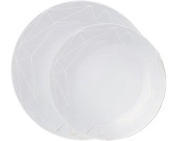 Decorline -32 Elegante Stabiele Herbruikbare Plastic Borden | Metrix Collectie | Wit met zilver rand.Duurzaam serviesset voor voor Kerstmis,Bruiloften, Verjaardagen, Feesten en Evenementen.