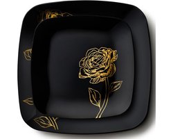 Decorline 32 Elegante Stabiele Herbruikbare Plastic Borden | Peony Collectie | Zwart met Gouden Bloemen