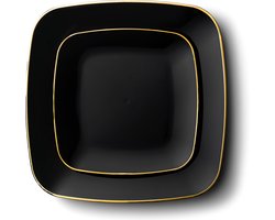 Decorline - 32 Luxe herbruikbaar kunststof Party set - Zwart met Goud Rand-Square Collectie. Duurzaam serviesset voor Kerstmis,Bruiloften, Verjaardagen, Feesten en Evenementen.