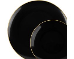 Decorline-32 Stabiele Herbruikbare Plastic Partyservies | 2 maten: 16 x 26 cm + 16 x 19 cm, Classic Collectie | Zwart met gouden rand . Duurzaam serviesset voor Kerstmis, Bruiloften, Verjaardagen, Feesten en Evenementen.