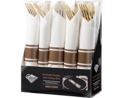 Decorline-40-delig Herbruikbare gouden plastic bestekset met voorgerolde servetten voor 10 personen- Party Bestekset voor Kerst,Bruiloften, Feesten.