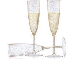 Decorline - 48 x Meervoudig gebruik kunststof champagneglazen van Glitter Goud steelglazen Plastic Champagne Fluit voor Bruiloften, Feesten & Party, 170ml - Set van 48 - Glitter Goud