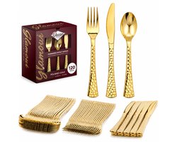 Decorline - Goud Bestekset 120-delig – Herbruikbaar Plastic Bestek voor 40 Personen – Luxe Gehamerd Design – Vorken, Messen en Lepels