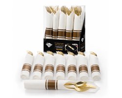 Decorline Herbruikbare Gouden Plastic Bestekset met Servetten - 40-Delig - Luxe Kunststof Party Bestek - BPA-vrij - Voor 10 Personen - Bruiloft, Verjaardag, BBQ & Feest