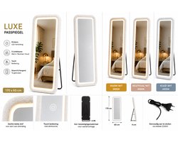 Decovibe Rechthoekige Staande Spiegel 170x60 cm – Witte Teddy Passpiegel met Dimbare LED Verlichting – 3 Lichtkleuren – Touchbediening – Wandspiegel- passpiegels met verlichting