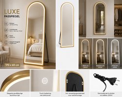 Decovibe Staande Spiegel 170x60 cm – Goud Aluminium Frame – Dimbare LED Verlichting – Passpiegel & Wandspiegel- passpiegels met verlichting-