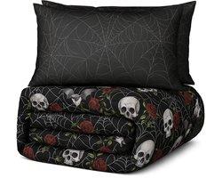 Decoware Dekbed zonder Overtrek - Easy dekbed - Hoesloos Dekbed Wasbaar - Incl. Kussensloop 60 x 70 cm - All Season - Skulls & Roses Opdruk - 140x200 cm - Eenpersoons