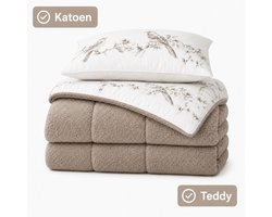 Decoware Deked Zonder Overtrek Mevlin - Met Kussensloop - Ademend Katoen & Zacht Teddy - Hoesloos & Wasbaar - Vogel Dessin - Beige - Wit